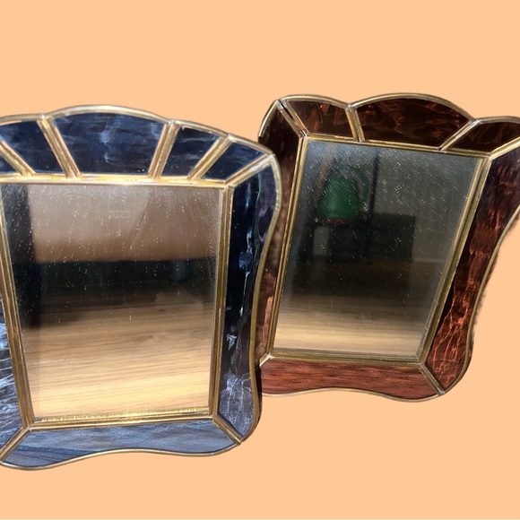 Set of two stained glass and brass mirrors - Picture 4 of 7